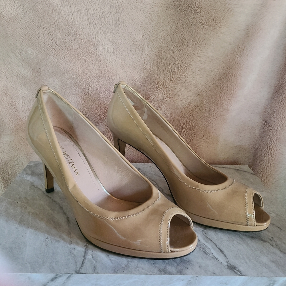 Stuart Weitzman Peep‎ Toe Neutral Patent Leather Tan Heels - Picture 2 of 9